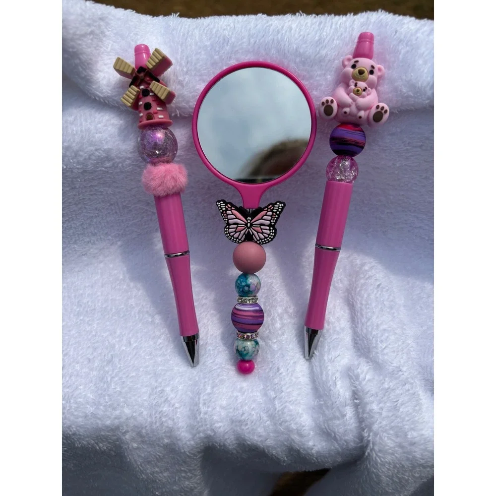 Handmade Beaded Pen and Mirror Set Pink Windmill Bear Butterfly 3 Piece Kit